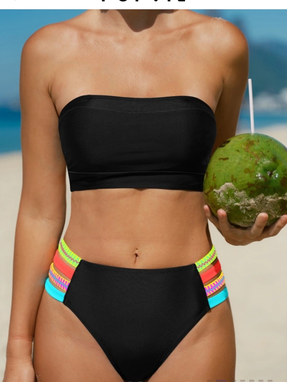 Popvil Neon Multi-Strap Bandeau Bikini Top with Black High-Waist Bottoms - Picture 2 of 3